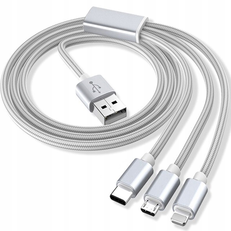 MOCNY KABEL USB PRZEWÓD 3w1 do IPHONE lightning MICRO TYP-C USB-C 120cm